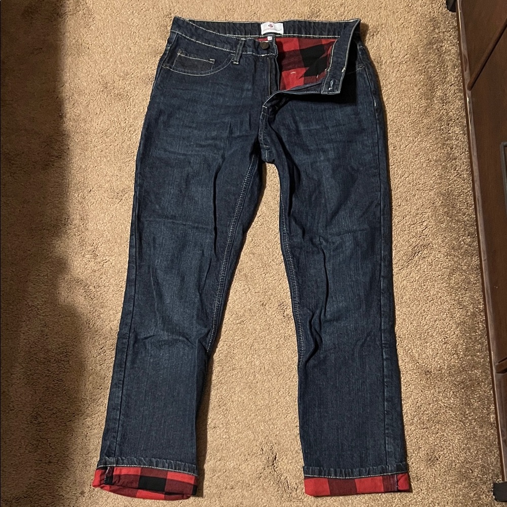 Women’s Blue Jeans with Buffalo Plaid Flannel Accents